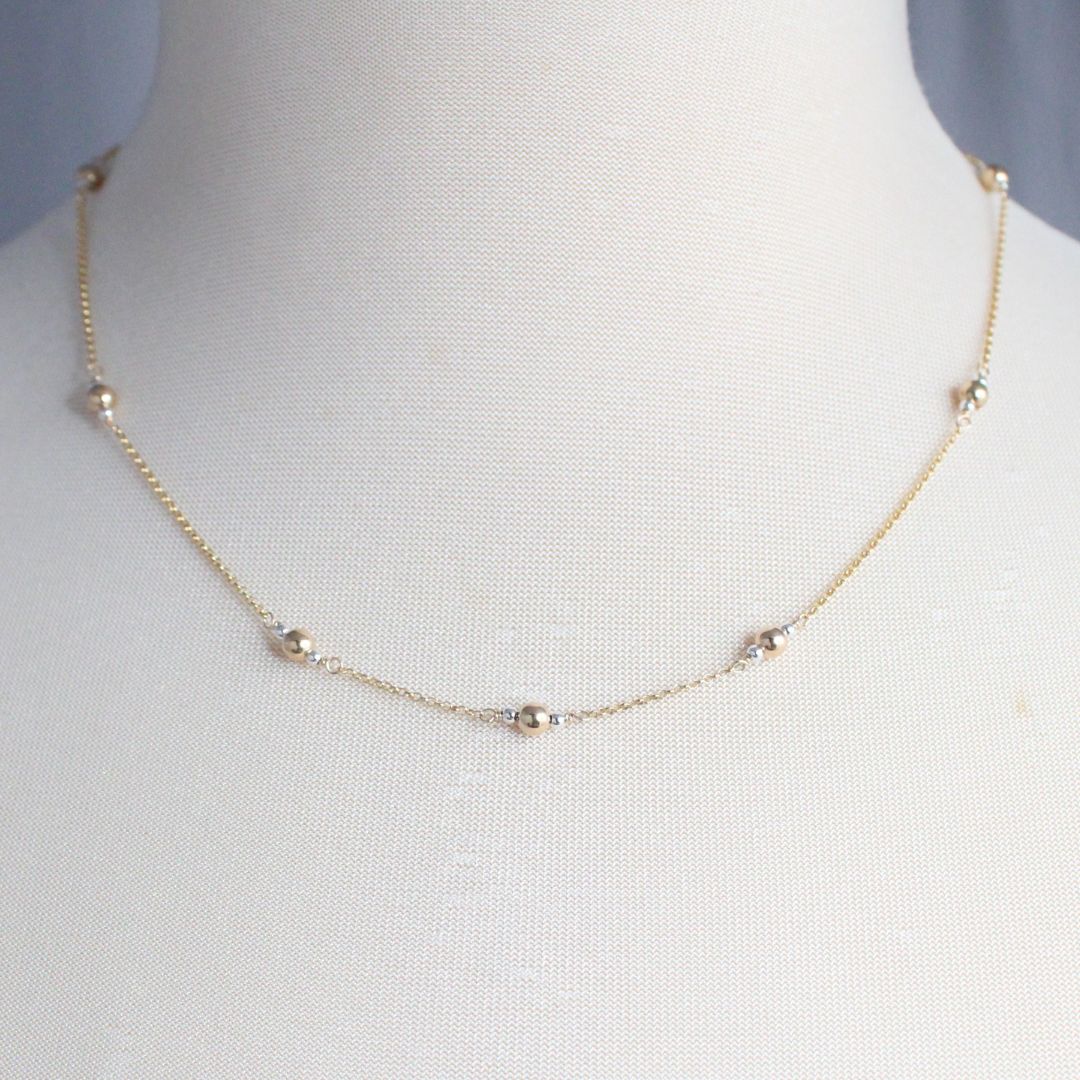 Tranquility - Ball Bead Mixed Metal Station Chain Necklace - Gold Chain