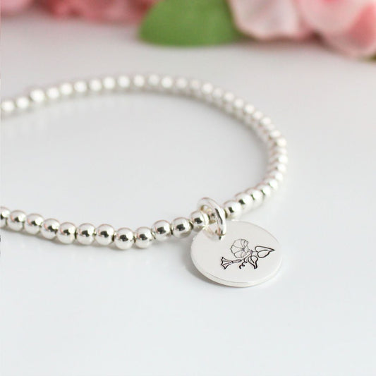 Personalized Katie Ball Bead Bracelet - Birth Flower Charm