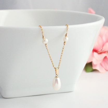 Pearl Drop Pendant on Pearl Station Chain Necklace - Gold Juliette