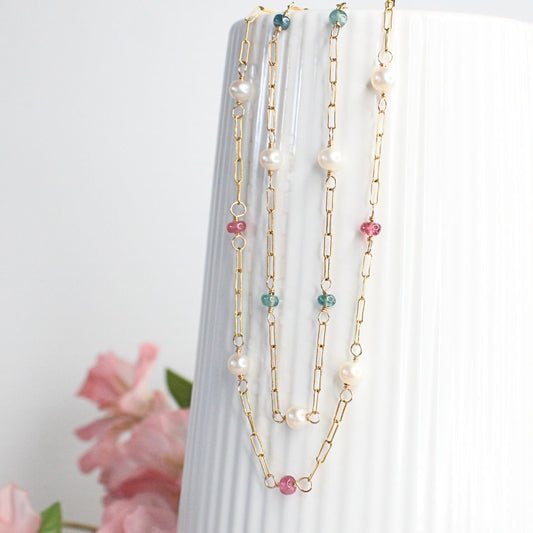 Tourmaline Freshwater Pearl Paperclip Station Chain Necklace - Samara