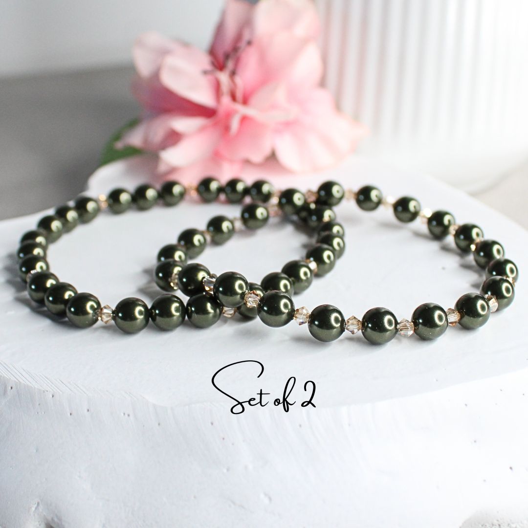 Green Pearl & Golden Shadow Crystal Bracelets