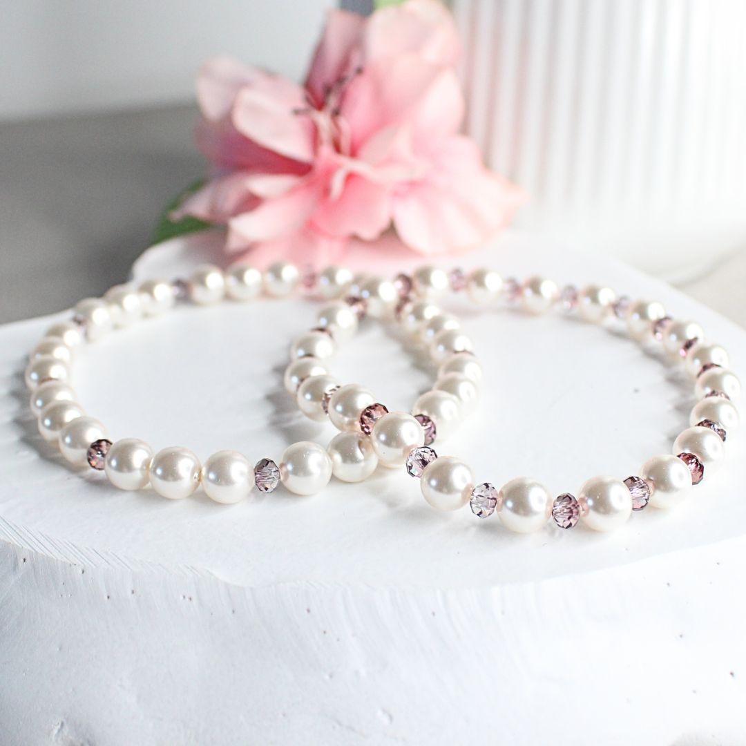 White Swarovski Pearl & Antique Pink Bracelets